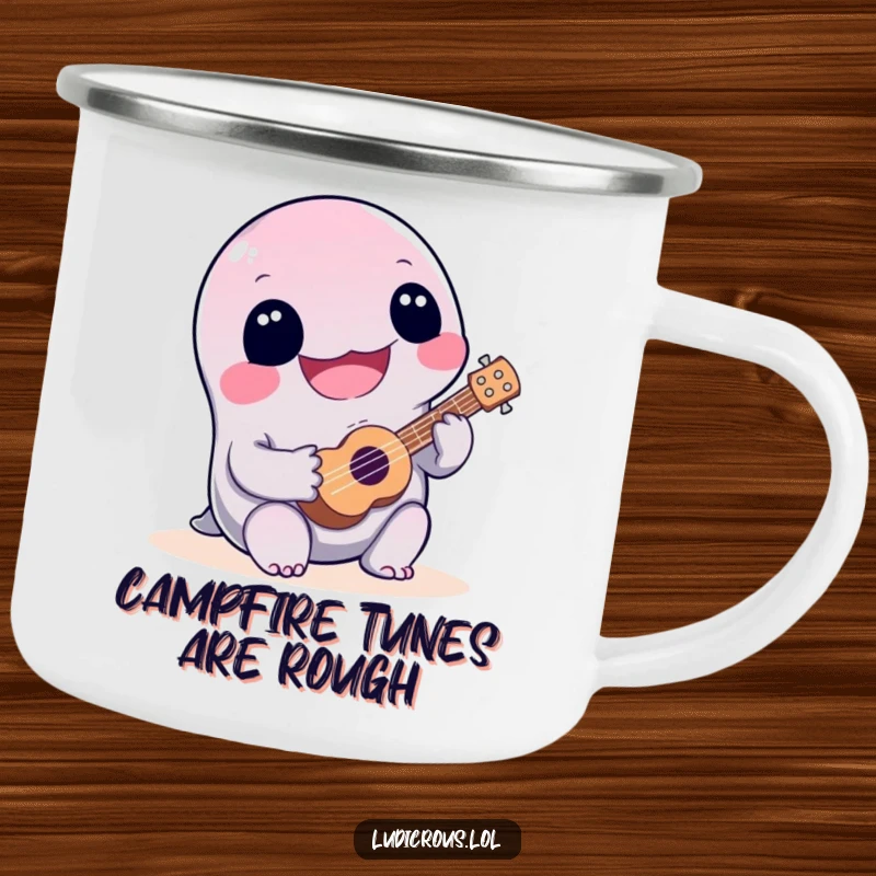 Funny, happy slime creature playing a tiny ukulele poorly, a rugged and humorous camping mug for outdoor musicians.