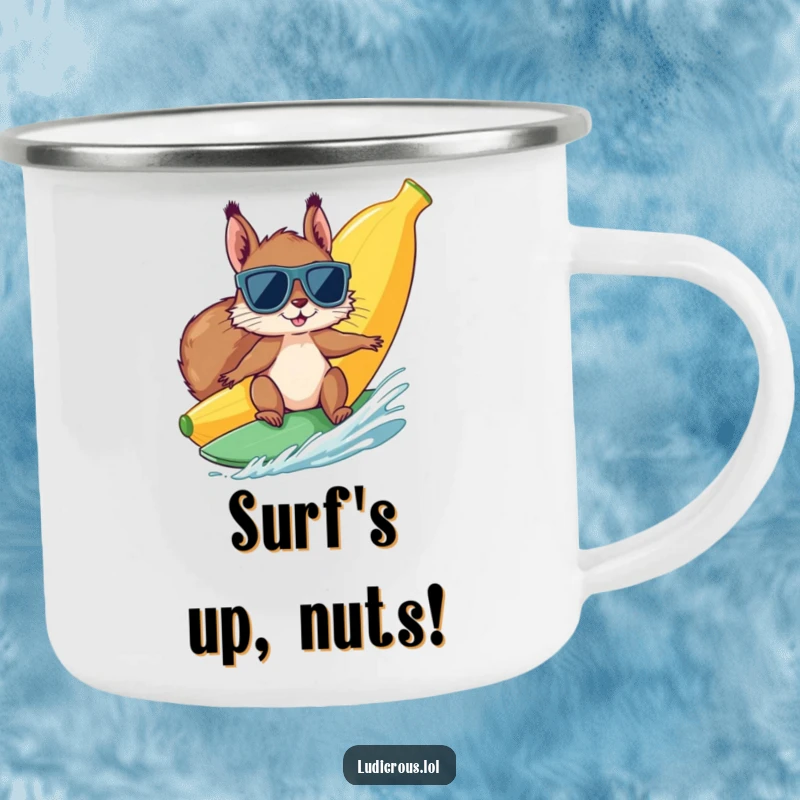 Funny squirrel in sunglasses surfs a giant banana on a camping mug, ideal for humorous outdoor adventures and drinks.