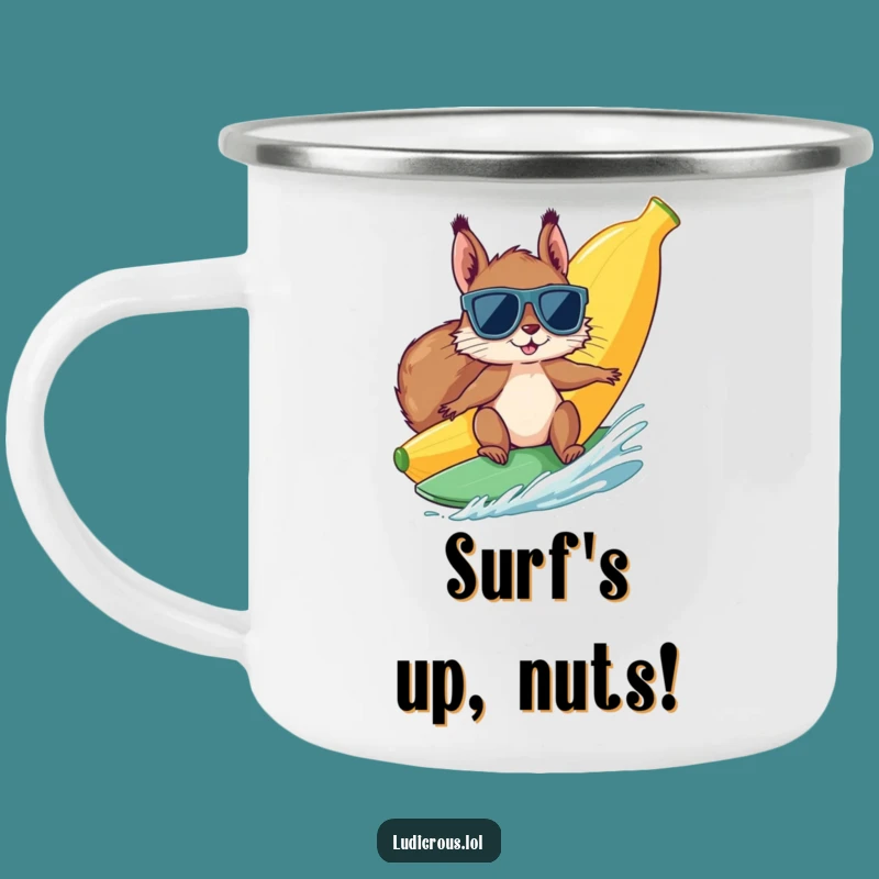 Funny Squirrel Banana Surf Camping Mug: Adventure-Ready Humor Outdoors