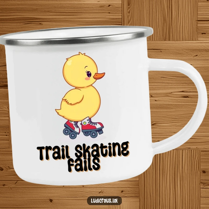 Funny camping mug with a wobbly duckling hilariously trying to roller skate backward, perfect for outdoor amusement.