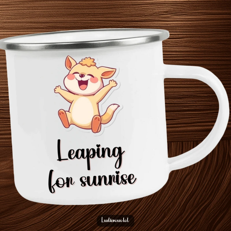 Funny camping mug graphic of a joyful animal in a comically exaggerated mid-leap, perfect for adventurous spirits.