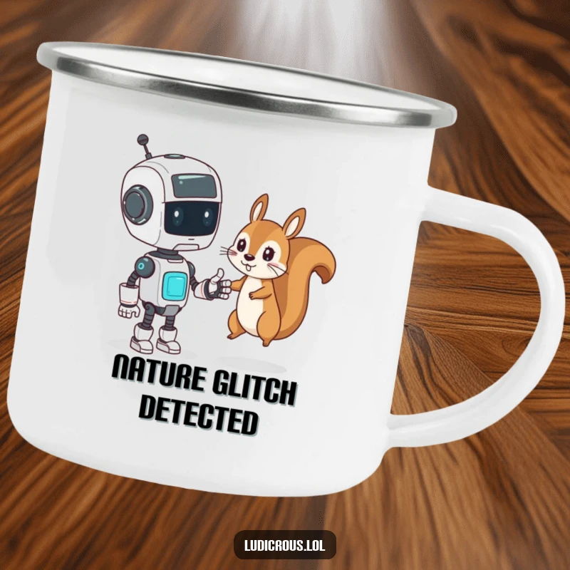 Funny Camping Mug featuring a confused robot trying to high-five a mischievous squirrel, durable and humorous.