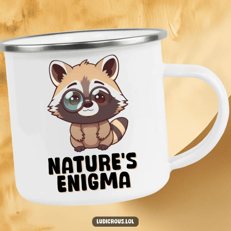 Funny raccoon camping mug showing a curious bandit with an oversized monocle, looking perplexed, bringing intellectual humor to outdoor adventures.