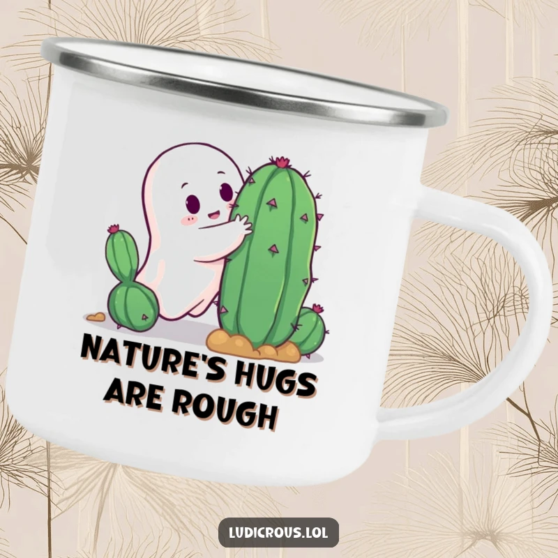 Funny ghost's comical hug attempt with a spiky cactus, a rugged and humorous camping mug for outdoor enthusiasts.