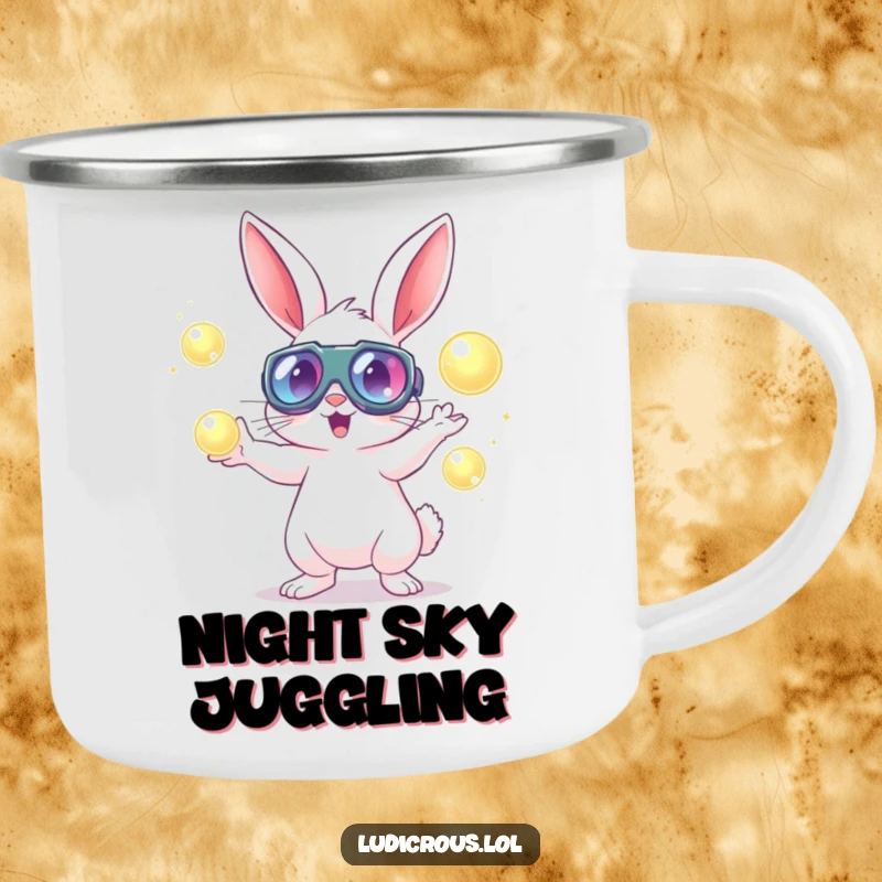 Funny rabbit with goggles juggling glowing orbs on a durable camping mug, ideal for outdoor cosmic fun.