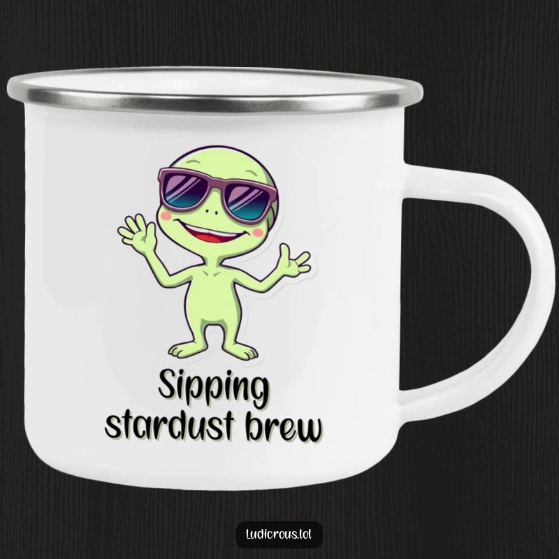 Funny camping mug showing a giggling alien with massive sunglasses, waving happily, ready for outdoor excursions and cosmic exploration.