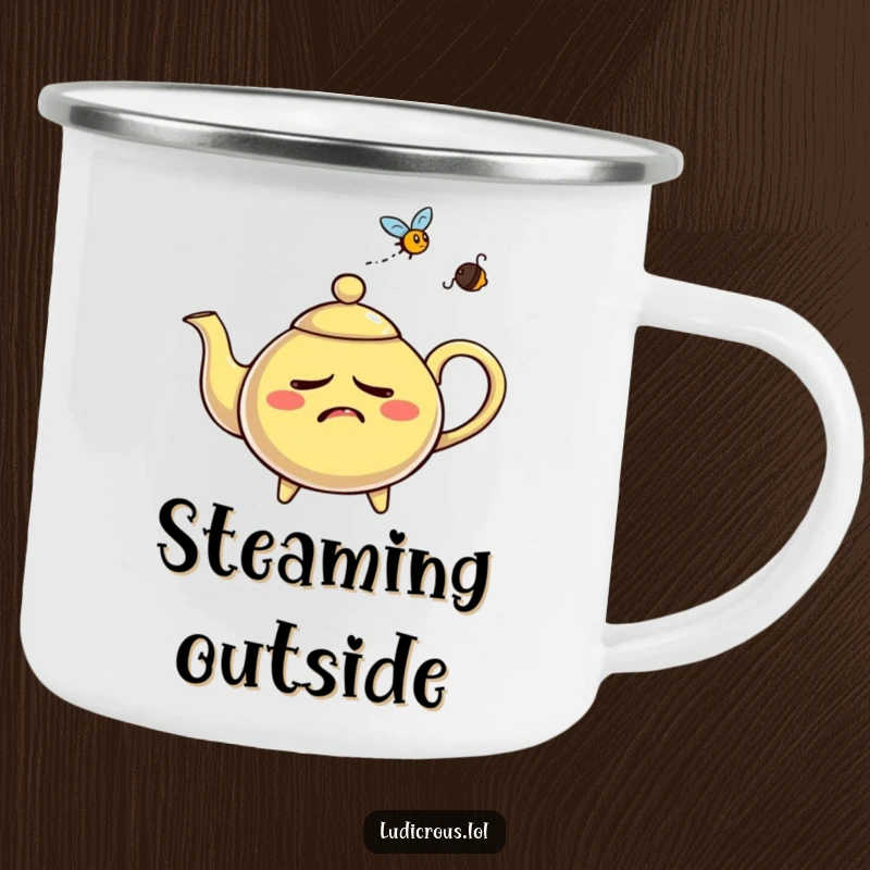 Funny nervous teapot camping mug, comically whistling steam aggressively at a fly, ready for outdoor brewing and laughs.