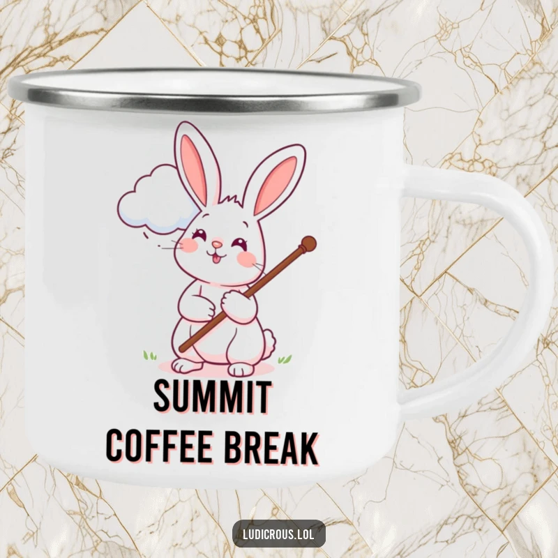 Funny camping mug with a cheerful rabbit using a long pole to pet a cloud, perfect for outdoor humor and hydration.