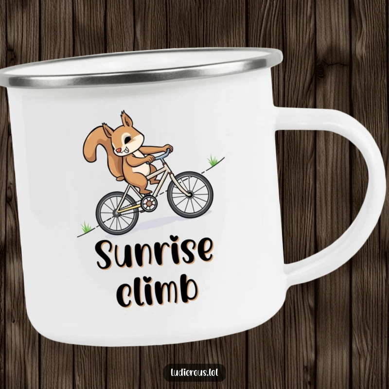 Funny determined squirrel furiously pedaling a miniature bicycle uphill on a rugged camping mug, designed for adventurous humor.