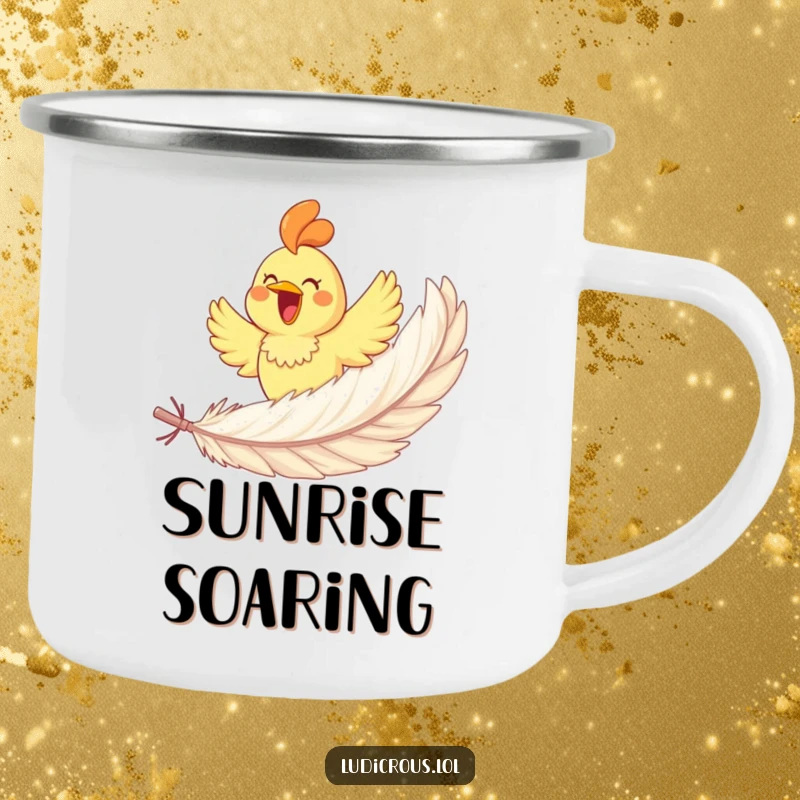 Funny rubber chicken joyfully soaring on a giant feather on a rugged camping mug, designed for adventurous humor.