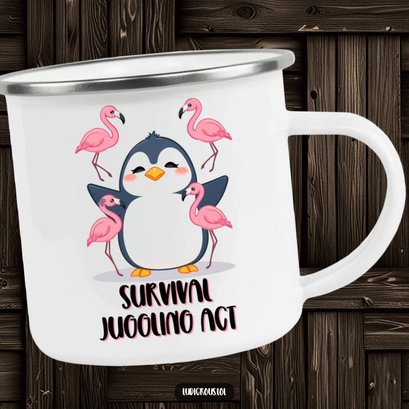 Funny camping mug with a silly penguin confusedly juggling three flamingos, perfect for humorous enjoyment during outdoor adventures.