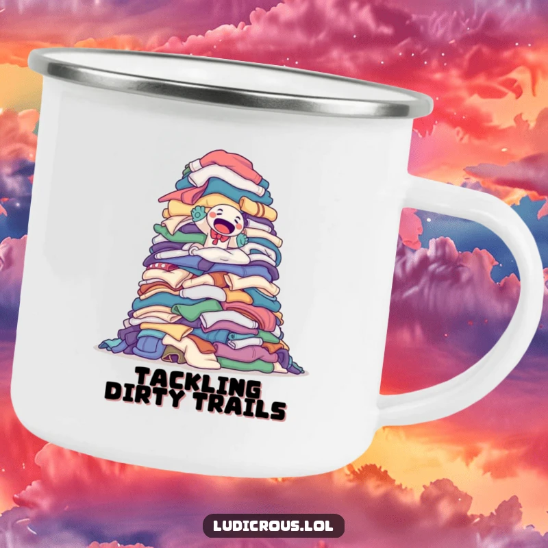 Funny camping mug featuring a determined sock puppet climbing a monumental pile of laundry, perfect for outdoor challenges.