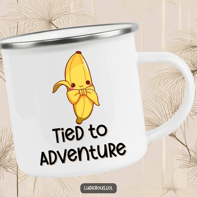 Funny camping mug with a curious banana peel hilariously attempting to tie a bow, ideal for outdoor enthusiasts with a sense of humor.