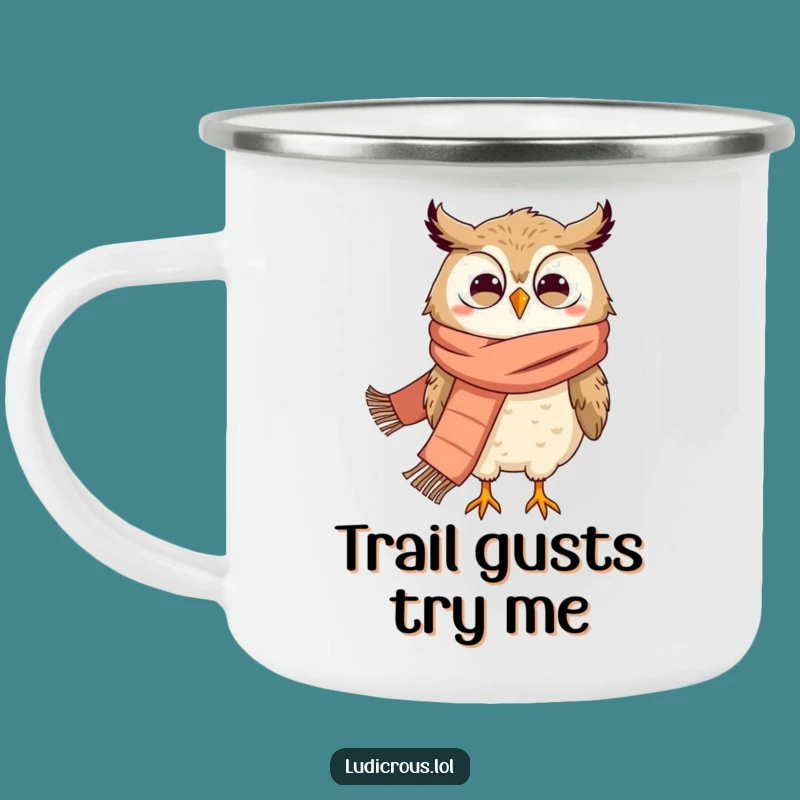 Funny Owl Camping Mug: Grinning Owl Scarf, Windblown Adventure, Hilarious Outdoor Gift