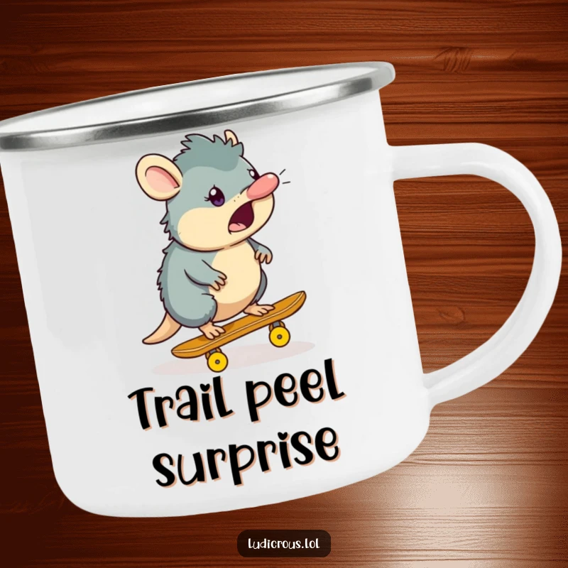 Funny platypus camping mug showing a surprised platypus character skateboarding on a banana peel, perfect for outdoor humor.
