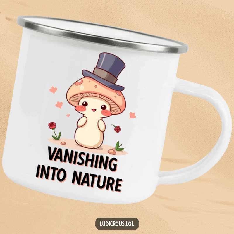 Funny camping mug showcasing a blushing mushroom in a top hat attempting to disappear, durable and humorous for outdoor adventurers.