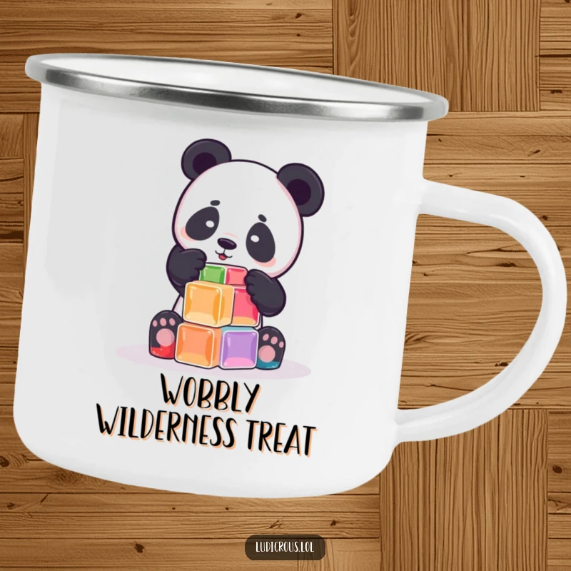 Funny playful panda attempts to build a tower out of wobbly Jell-O cubes on a camping mug, perfect for humorous outdoor enjoyment.