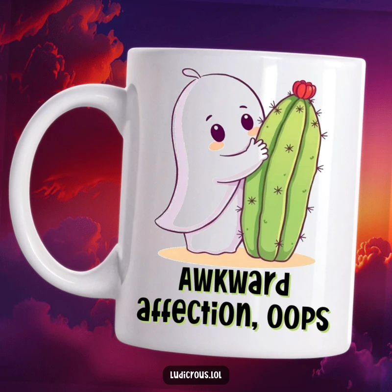 Funny mug showing a cute, curious ghost attempting to hug a sharp, prickly cactus with a worried expression.
