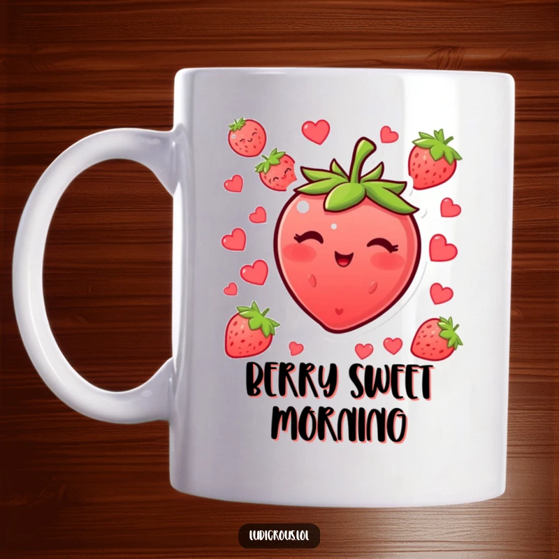 Funny blushing strawberry mug winking with its seeds, a cute and humorous design for your favorite beverage.