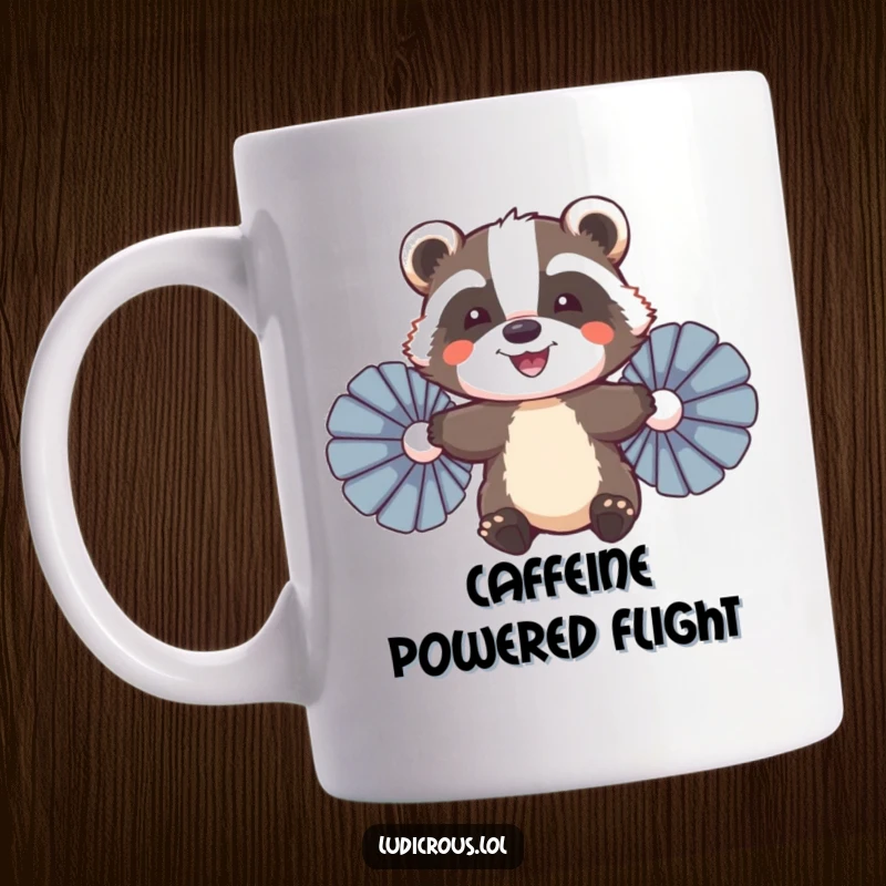 Funny Badger Mug, a smiling badger comically attempting to fly with two large feather fans, showing determination and joy.