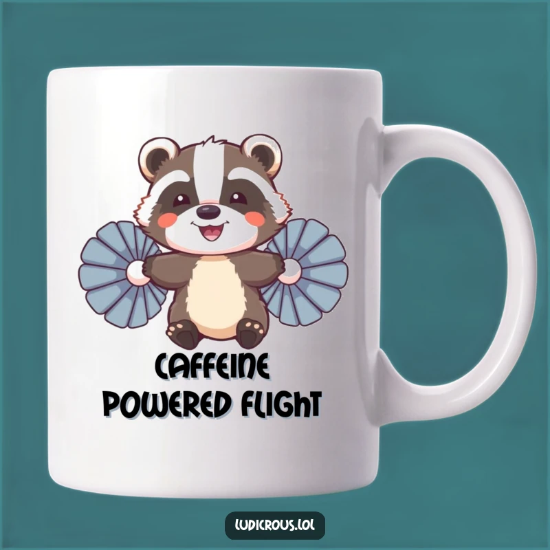 Funny Badger Flying Mug: Enthusiastic Badger's Feather Fan Flight, Perfect Gift!