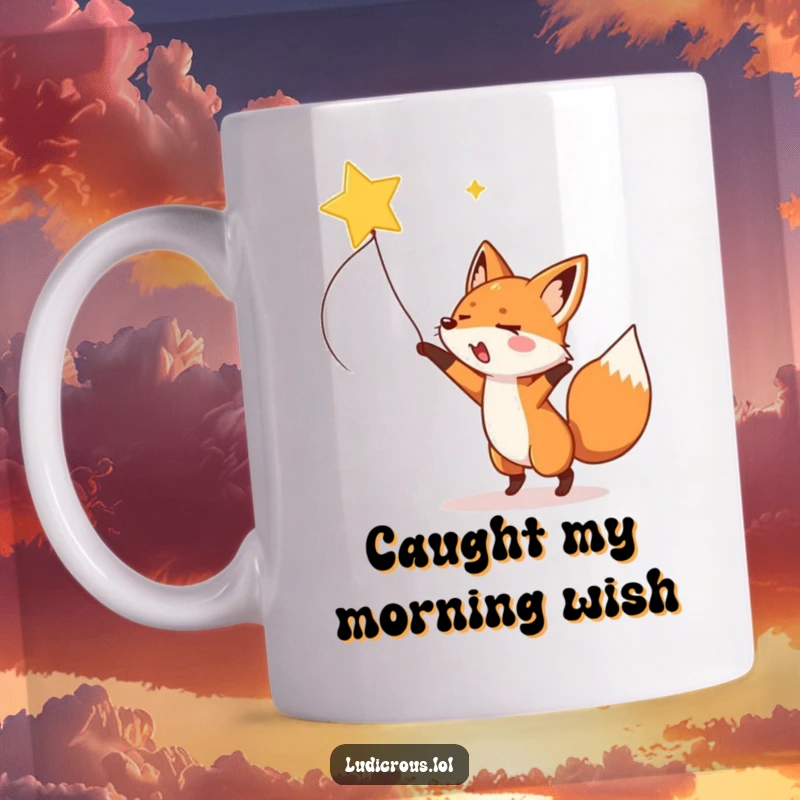 Funny fox enthusiastically lassoing a shooting star with a rope, depicted on a coffee mug, symbolizing chasing dreams.