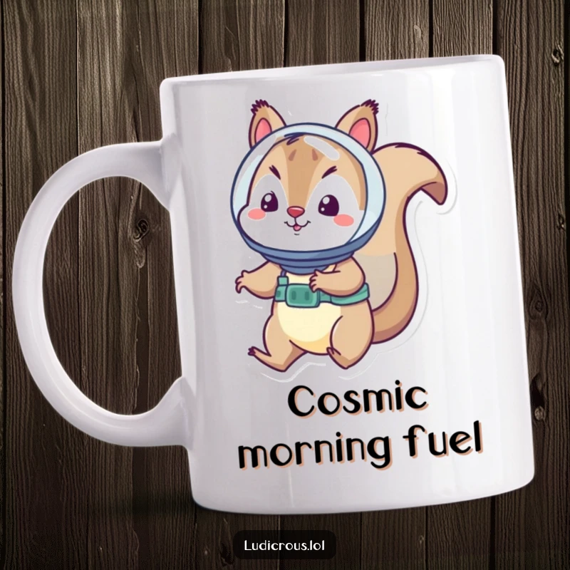 Funny squirrel astronaut mug shows a playful squirrel in a tiny helmet floating serenely in outer space.