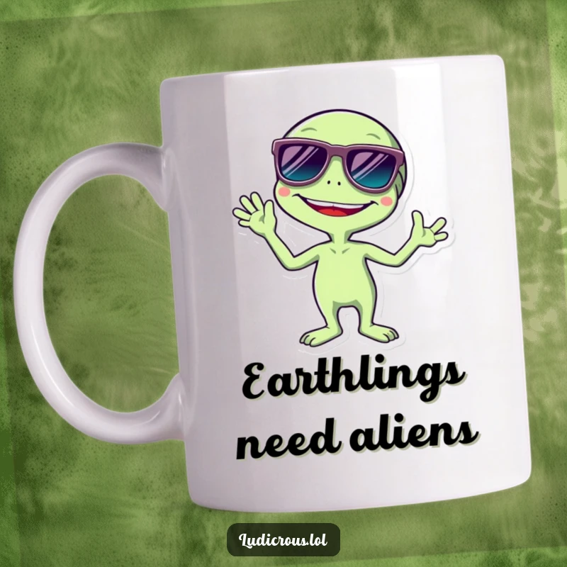 Funny mug of a green alien with large, dark sunglasses, a wide grin, and multiple arms waving enthusiastically, radiating cheerful cosmic energy.