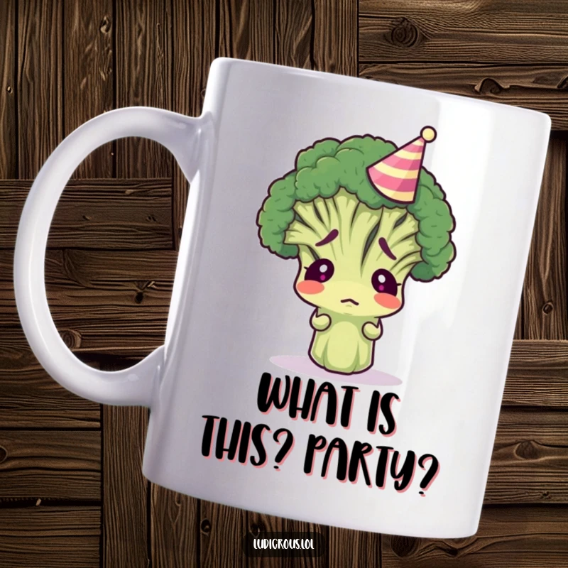 Funny broccoli floret wearing a tiny party hat, looking bewildered and confused, perfect for a humorous veggie lover.