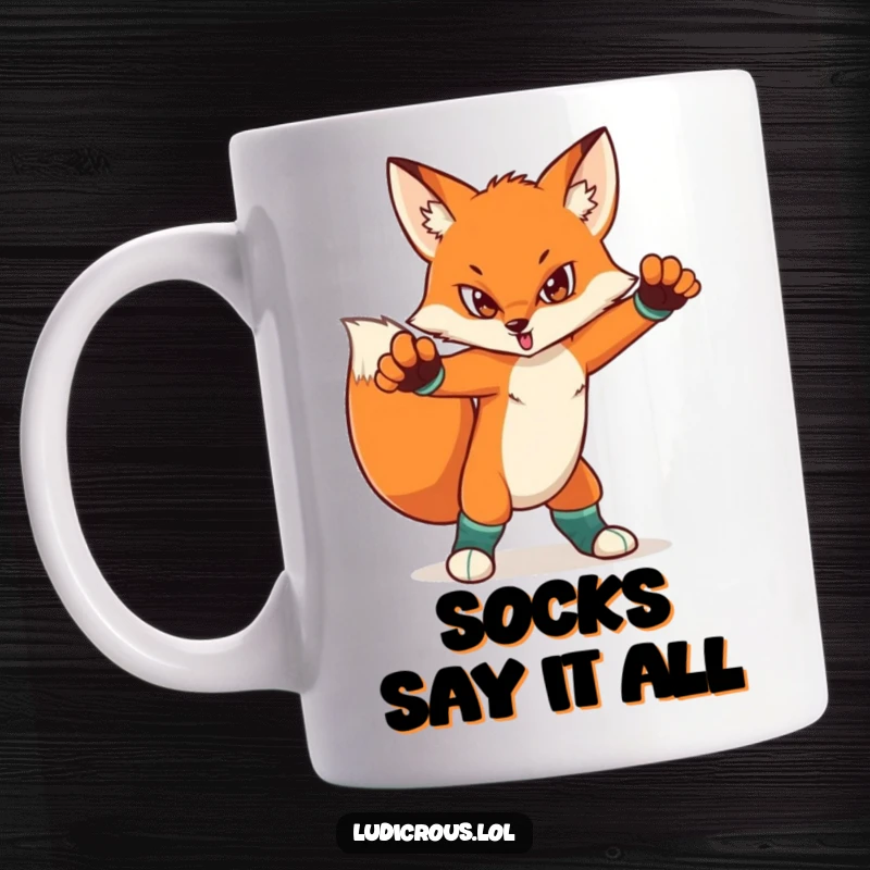 Funny mug featuring a determined fox in a dramatic pose, sporting brightly mismatched socks. Confident and stylish animal illustration.