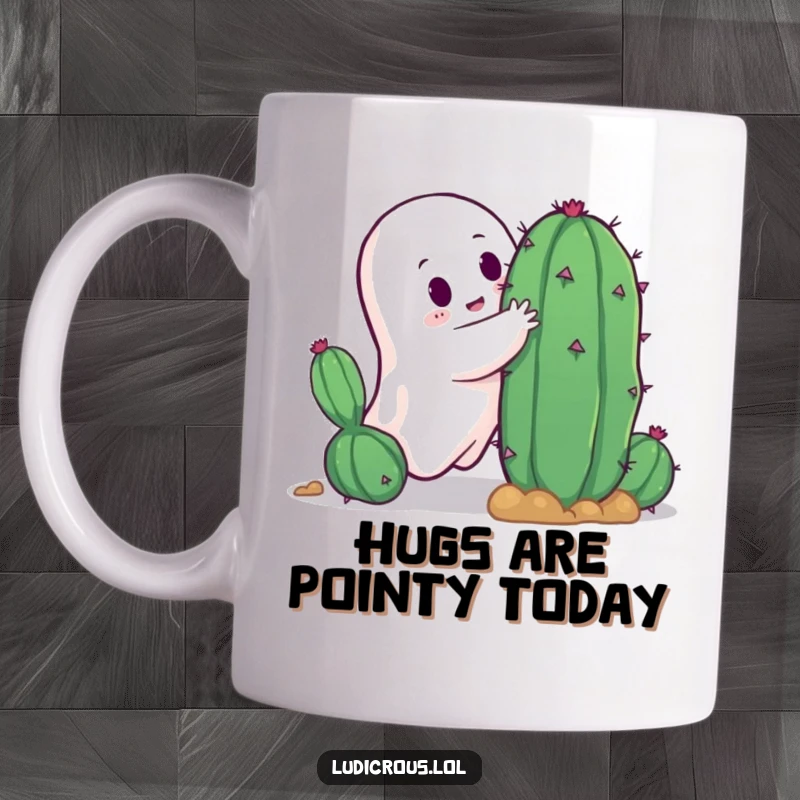 Funny ghost with a determined yet confused expression trying to hug a green, spiky cactus, a hilarious depiction of a prickly situation.