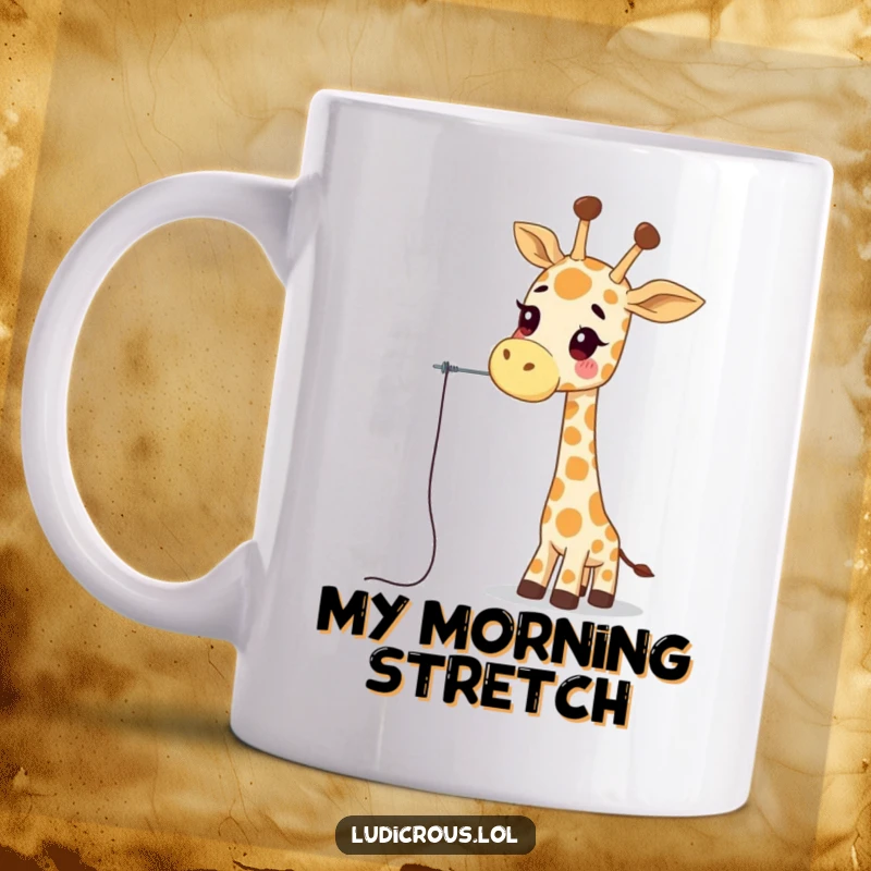 Funny giraffe mug featuring a wobbly giraffe character comically trying to thread a needle with its extremely long neck, showcasing funny fine motor challenges.