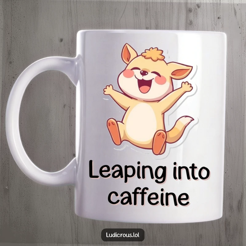 Funny mug showing a joyful animal dramatically frozen in a comically exaggerated mid-leap, expressing boundless energy.