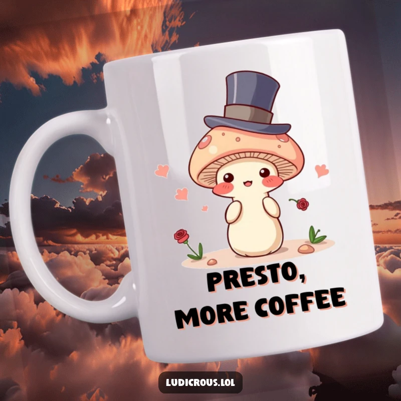 Funny mug featuring a blushing mushroom in a top hat, attempting a disappearing act, a whimsical and mysterious design.