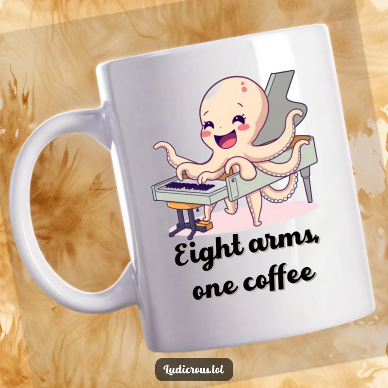 Funny mug featuring a delighted octopus character playing a piano with all eight arms, showcasing musical talent and humor.