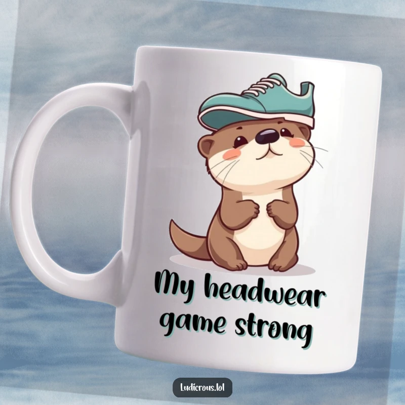 Funny Otter Mug, a curious otter proudly wearing a shoe on its head like a hat, expressing whimsical joy and playful confusion.