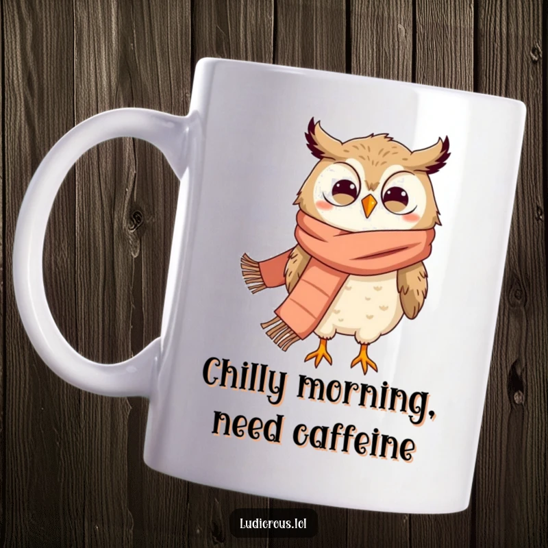 Funny mug featuring a grinning owl in a giant scarf being comically blown away by strong winds.