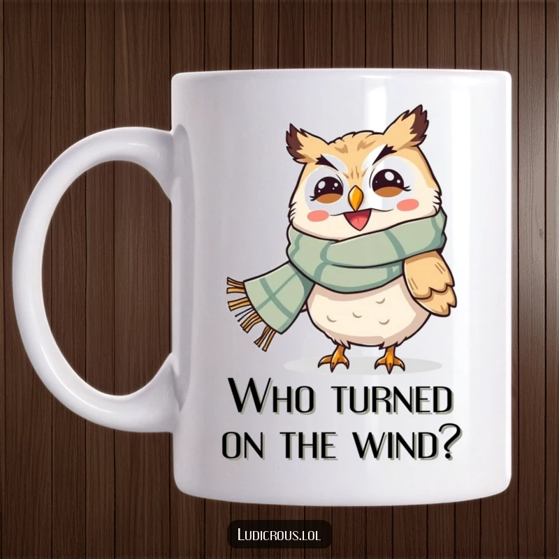 Funny mug featuring a grinning owl with a giant scarf being dramatically blown away by the wind, capturing a humorous moment.