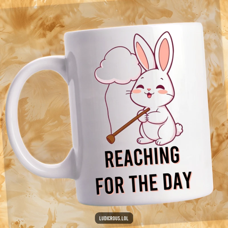 Funny rabbit mug shows a cheerful rabbit attempting to pet a fluffy cloud with an impossibly long pole.