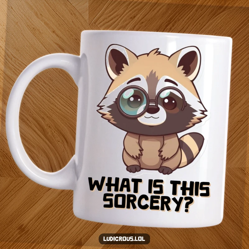 Funny raccoon mug featuring a curious bandit wearing a comically oversized monocle, looking perplexed and intelligent, perfect for animal lovers.