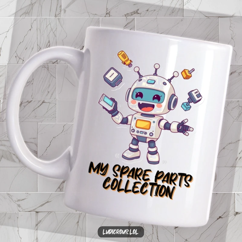 Funny mug showing a cheerful robot with a wide smile, enthusiastically juggling detached arms, legs, and a head, looking comically overwhelmed.