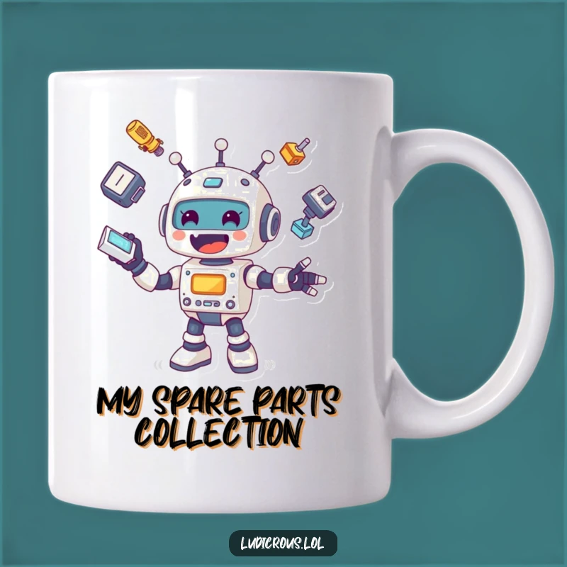 Funny Robot Gift Mug: Cheerful Bot Juggling Parts, Hilarious Mechanical Mishap Present