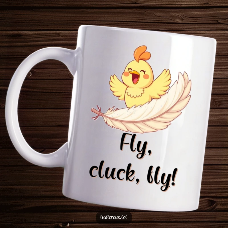 Funny, joyful rubber chicken gleefully soaring on a giant feather, conveying pure fun and humor, perfect for coffee lovers.