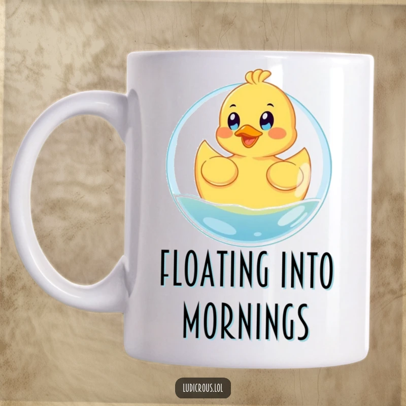 Funny mug featuring a happy rubber ducky floating on a giant bubble with eyes wide with glee, symbolizing pure joy.