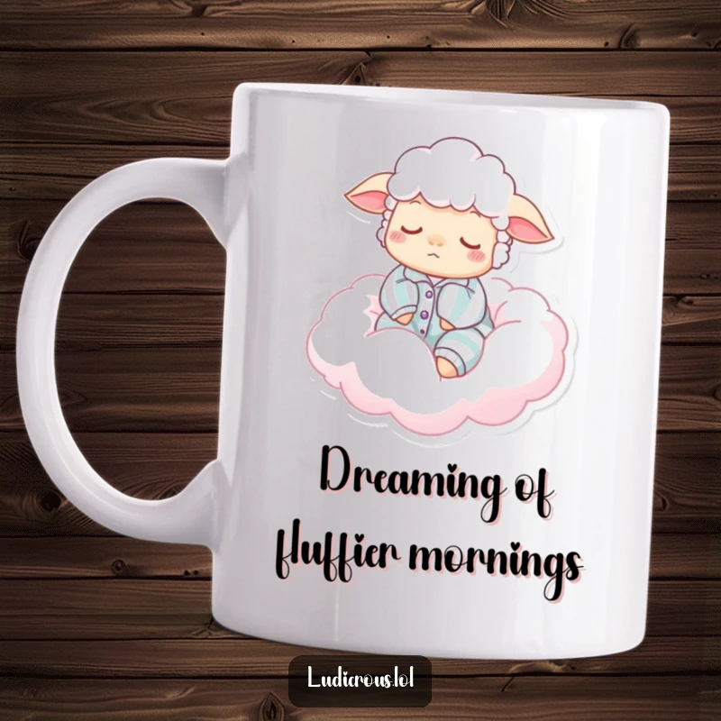 Funny mug featuring a sleepy sheep in pajamas floating blissfully on a fluffy pink cotton candy cloud, a whimsical and humorous design.