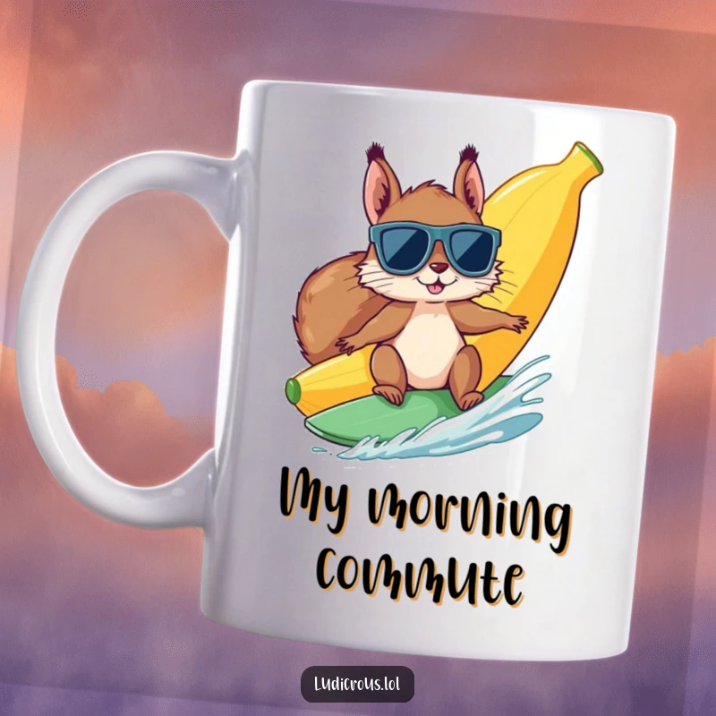 Funny squirrel wearing sunglasses surfs a giant banana on a mug, embodying a hilarious, laid-back, and adventurous vibe.