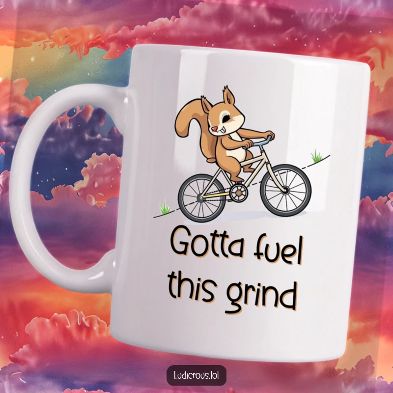 Funny, determined squirrel furiously pedaling a miniature bicycle uphill, conveying immense effort and humor, perfect for coffee lovers.