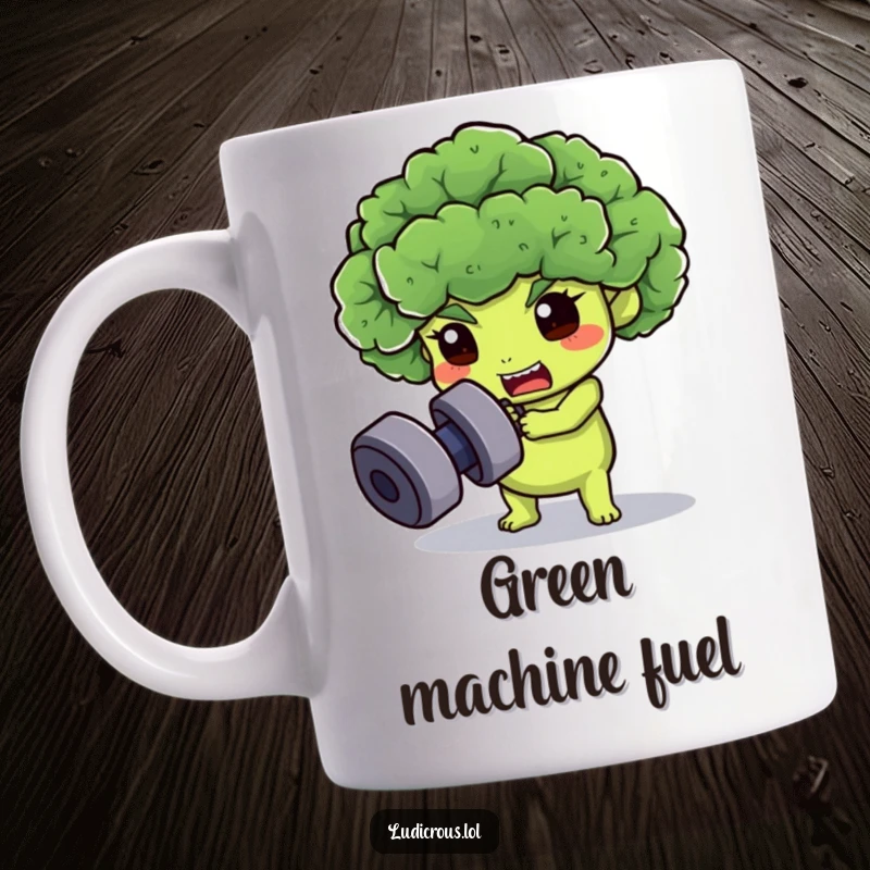 Funny broccoli floret mug, determinedly trying to lift a heavy dumbbell, showcasing a comical fitness journey.