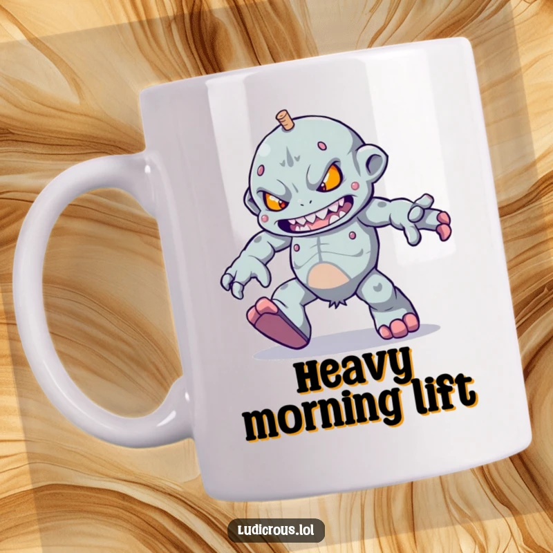 Funny determined golem character trying to skip with very heavy feet, symbolizing effort and humor on a mug.