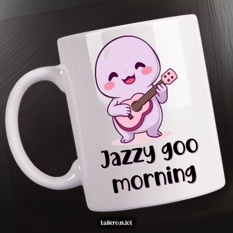 Funny mug featuring a colorful, smiling slime creature playing a tiny ukulele with clumsy, awkward strumming motions.